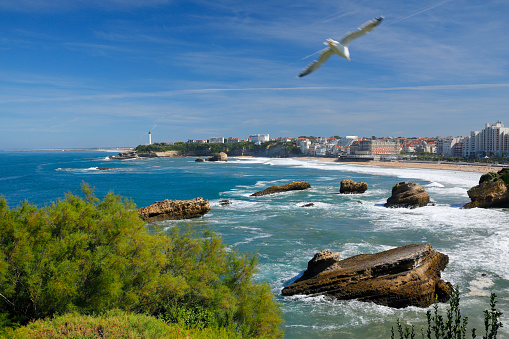 Panorama of the Grand Plage with cliffs at Biarritz, Southwest France