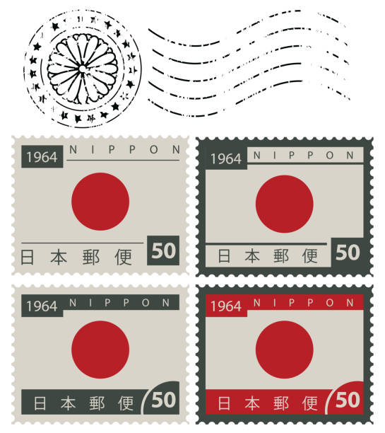 ilustrações, clipart, desenhos animados e ícones de conjunto de selos postais com a bandeira do japão - red asia send mail