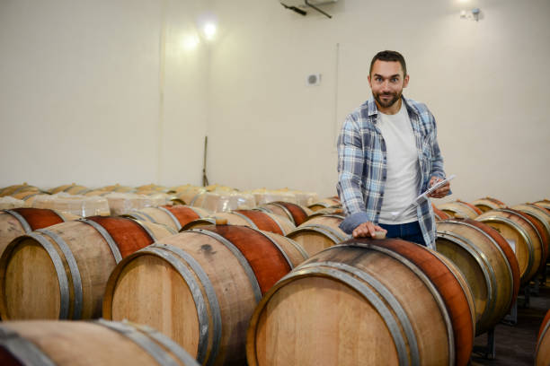 istock handsome man winemaker in a maturing wine cellar winery during harvest season with oak barrels 1048078956
