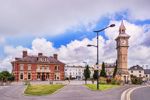 15 June 2017: Barnstaple, Devon, UK - The Albert Clock and North Devon Museum in The Square in Barnstaple, Devon, England, UK.