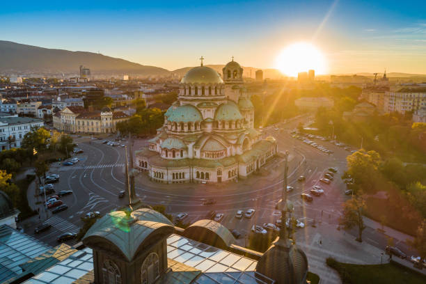 istock Sun setting against Alexander Nevski cathedral in Sofia, Bulgaria 1048084880