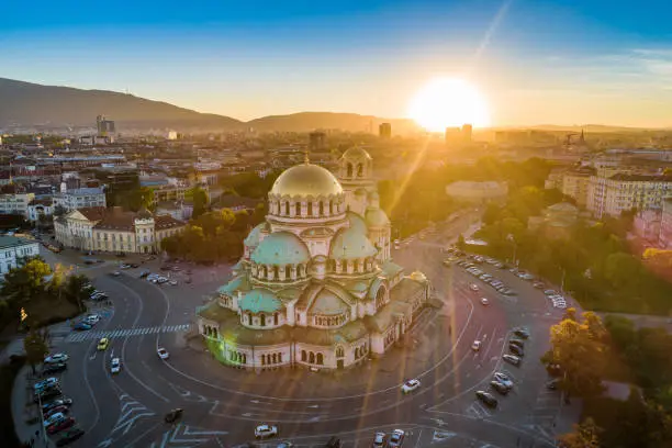 Photo of Aerial view of Alexander Nevski cathedral in Sofia, Bulgaria with setting sun