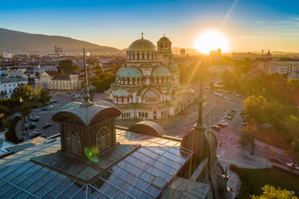 istock Setting autumn sun over Alexander Nevski cathedral square in Sofia, Bulgaria 1048087352
