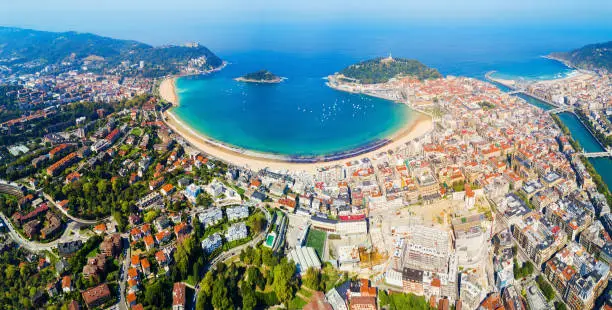 San Sebastian or Donostia aerial panoramic view. San Sebastian is a coastal city in the Basque country in Spain.