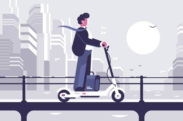junger mann reitet elektroroller modernen stadtbild - mobility stock-grafiken, -clipart, -cartoons und -symbole
