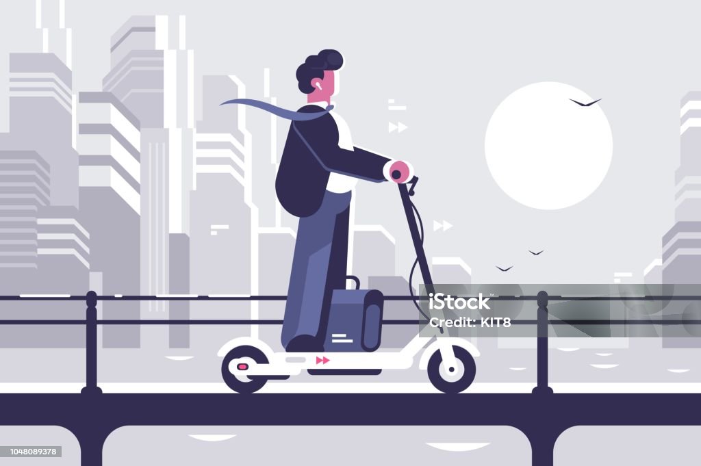 Young man riding electric scooter modern cityscape Young man riding electric scooter modern cityscape background. Ecology transport concept. Flat style. Vector illustration. Electric Push Scooter stock vector