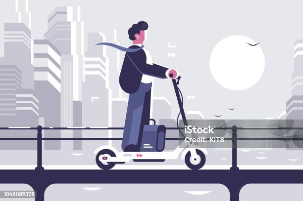 Young Man Riding Electric Scooter Modern Cityscape Stock Illustration - Download Image Now - Electric Push Scooter, On The Move, City