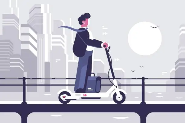 Vector illustration of Young man riding electric scooter modern cityscape