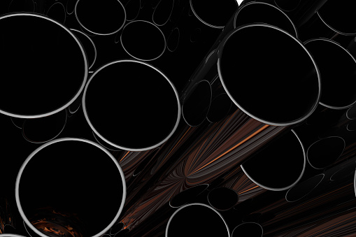 Stack of metal pipes, flame, tubes with reflections.