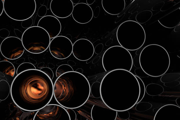 istock Stack of shiny metal steel pipes with flame 1048100086