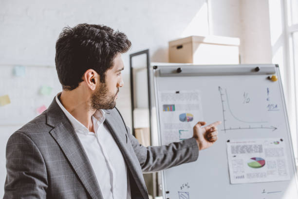 istock handsome businessman pointing on flipchart in office 1048102606