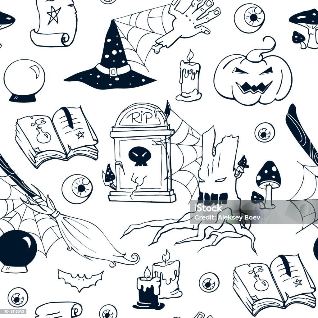 Halloween black and white doodle image set. Seamless halloween pattern. Vector hand drawn objects: zombie hand,  bat, potion, eyeball, scroll, crystal ball, magic book, broom, tombstone, scary tree. Crystal Ball stock vector