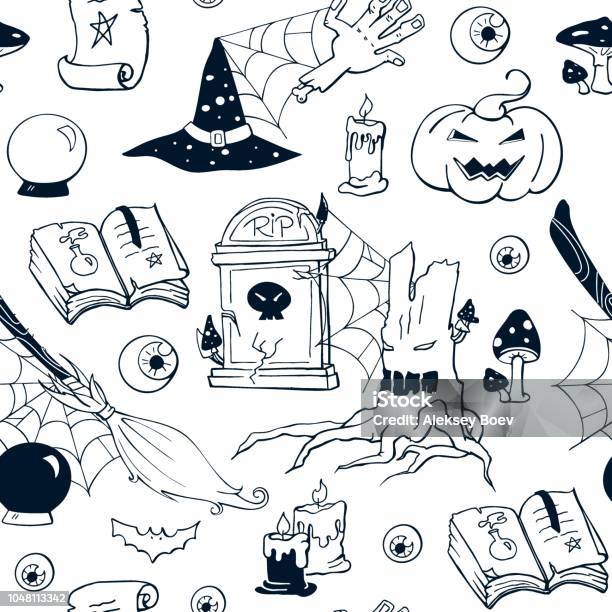 Halloween Black And White Doodle Image Set Stock Illustration - Download Image Now - Crystal Ball, Sketch, Amanita