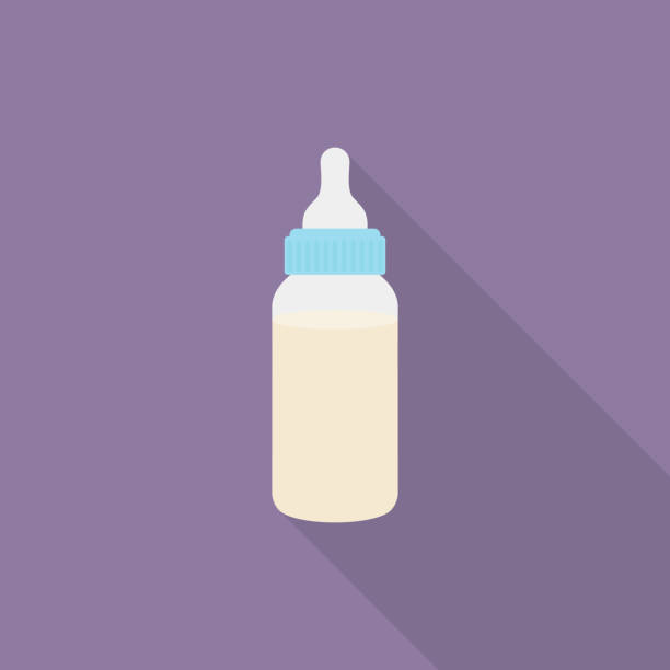 Baby milk bottle icon with long shadow on purple background, flat design style Baby milk bottle icon with long shadow on purple background, flat design style baby bottle stock illustrations