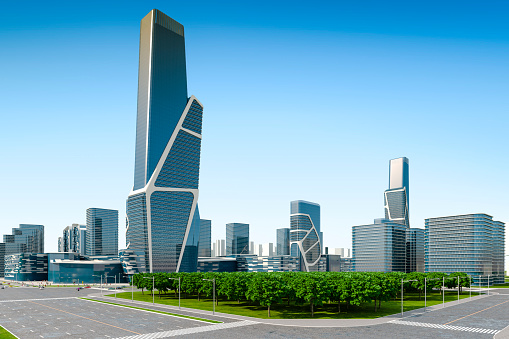 3d render of modern  city with glass buildings