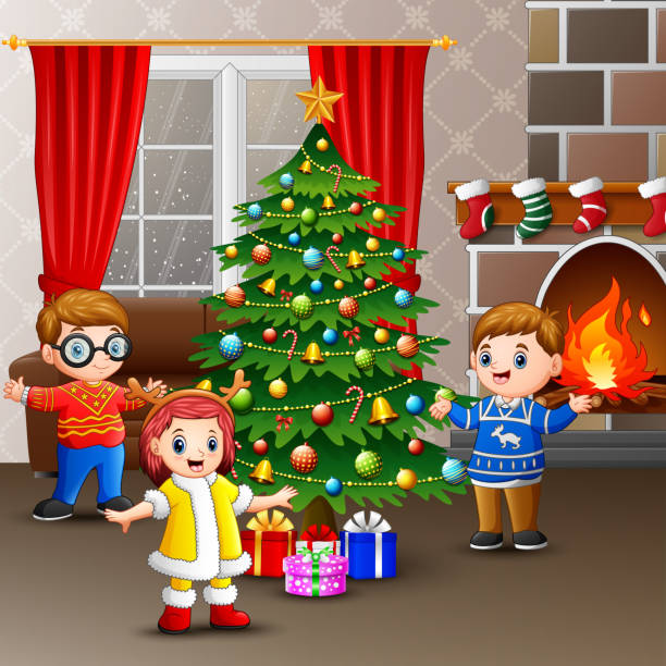 ilustraciones, imágenes clip art, dibujos animados e iconos de stock de niños felices celebrando la navidad en la casa - christmas tree family winter art