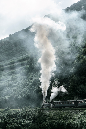 Old-fashioned steam train in Swiss Alps  in summer