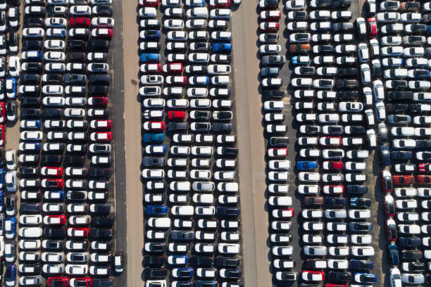 istock Distribution yard with new cars of different brands 1048126006