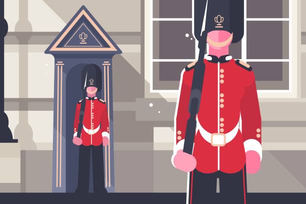 British royal guardsman queens soldier character British royal guardsman queens soldier character concept. Guardian of Buckingham Palace. Welcome to London. Flat. Vector illustration. buckingham palace stock illustrations