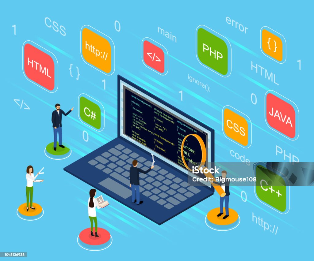 Engineer Coding Graphics Programmer And Engineering Concept 3d Isometric View Vector Stock ...