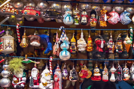 Christmas tree ornaments on display at Christmas market winter wonderland of London