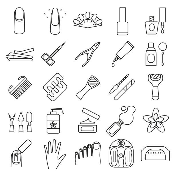 maniküre und pediküre zeichen schwarz dünne linie-icon-set. vektor - nail polish isolated cosmetics bottle stock-grafiken, -clipart, -cartoons und -symbole