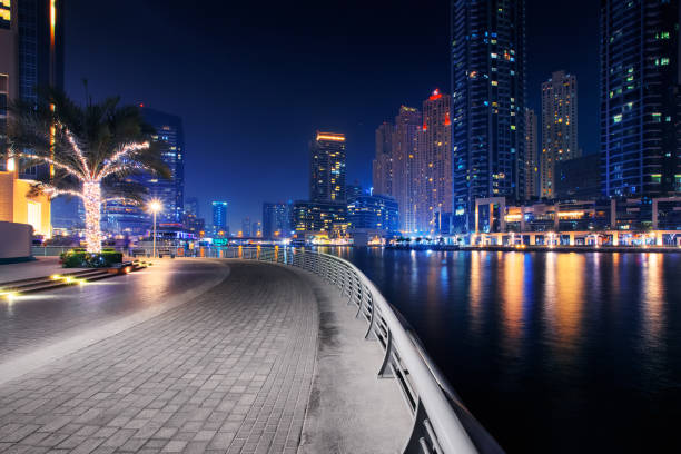 istock Beautiful view to Dubai Marina Promenade, UAE. Long exposure effect at night 1048144540