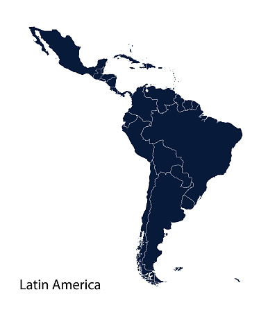 Latin America map, North America, Caribbean, Central America, South America.