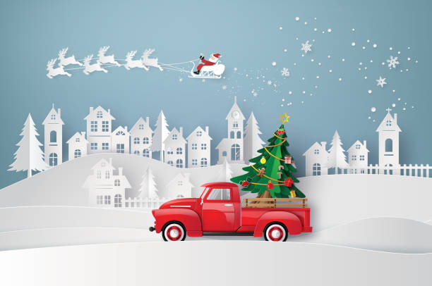 winter season and merry Christmas Peper art of Merry Christmas and winter season with red truck carry Christmas tree. wind silhouettes stock illustrations