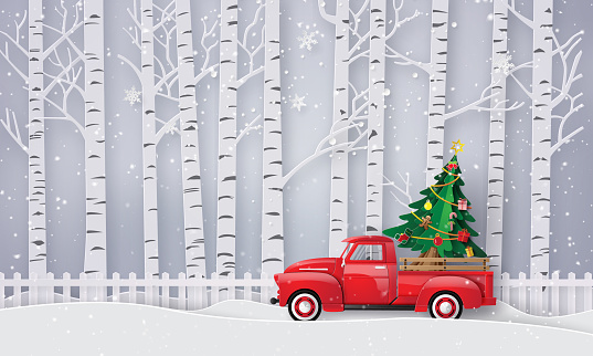 Paper art of Merry Christmas and winter season with red truck carry Christmas tree.
