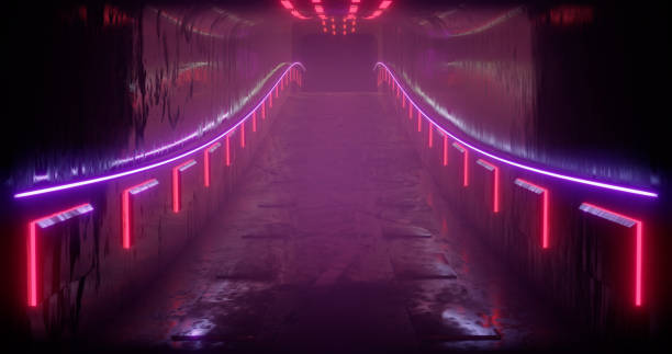 istock 3D rendering illustration. Sci-Fi futuristic abstract gradient blue violet pink neon. A glowing corridor on the reflection of the concrete floor. A dark interior room. 1048150494
