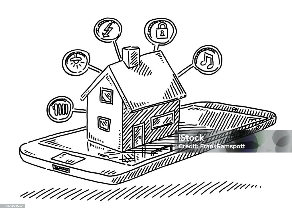 Smart Home Concept House On Mobile Phone Drawing Hand-drawn vector drawing of a Smart Home Concept with a House On a Mobile Phone and small icons for Light, Electricity, Heating, Entertainment and Locking. Black-and-White sketch on a transparent background (.eps-file). Included files are EPS (v10) and Hi-Res JPG. Doodle stock vector