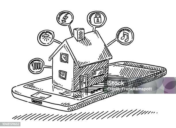 Smart Home Concept House On Mobile Phone Drawing Stock Illustration - Download Image Now - Doodle, Home Automation, Arts Culture and Entertainment