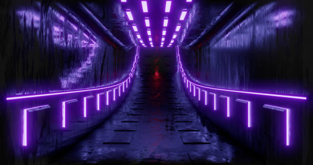 istock 3D rendering illustration. Sci-Fi futuristic abstract gradient blue violet pink neon. A glowing corridor on the reflection of the concrete floor. A dark interior room. 1048160520