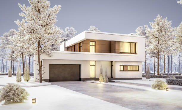 istock 3d rendering of modern cozy house cool winter evening 1048167020