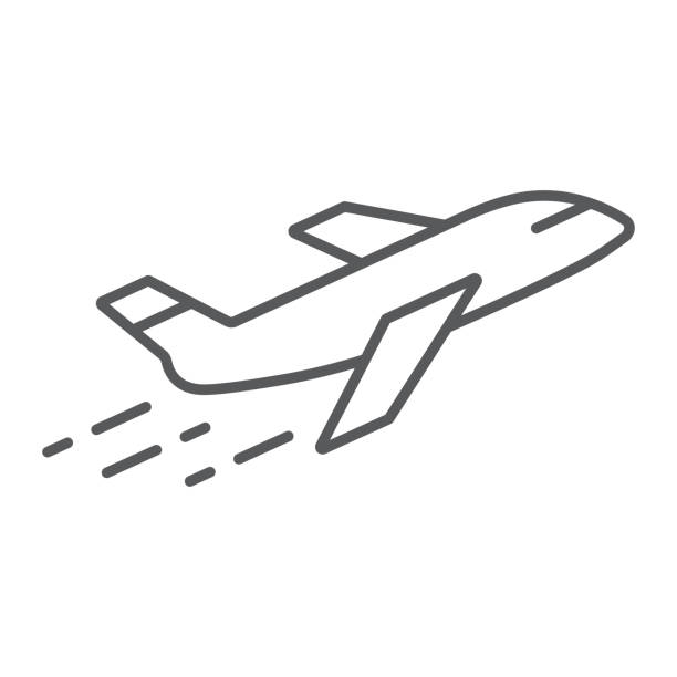 비행기 선 아이콘, 비행기, 여행, 비행기 서명, 벡터 그래픽, 흰색 바탕에 선형 패턴. - 비행기 stock illustrations