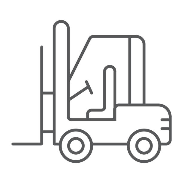 ikona cienkiej linii wózka widłowego, samochód i ładunek, znak ciężarówki, grafika wektorowa, wzór liniowy na białym tle. - truck semi truck pick up truck car transporter stock illustrations