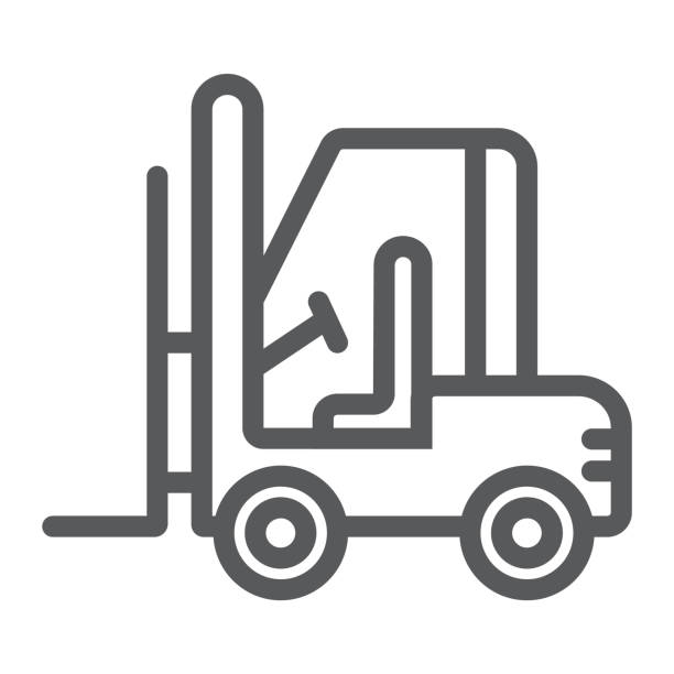 ikona linii wózka widłowego, samochód i ładunek, znak ciężarówki, grafika wektorowa, wzór liniowy na białym tle. - truck semi truck pick up truck car transporter stock illustrations