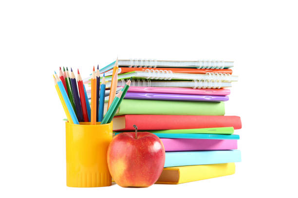 istock Colored pencils with books on white background 1048172130