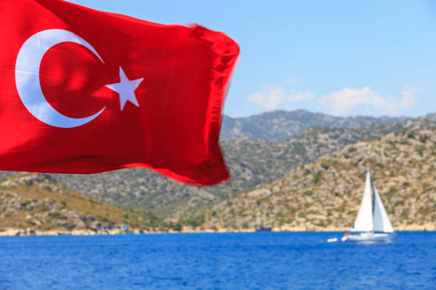 istock Turkish flag on a ship, in the background the Marmaris cost 1048172982