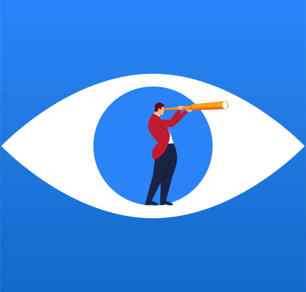Businessman holding a telescope standing inside the eyes looking into the distance Businessman holding a telescope standing inside the eyes looking into the distance pursuit concept stock illustrations