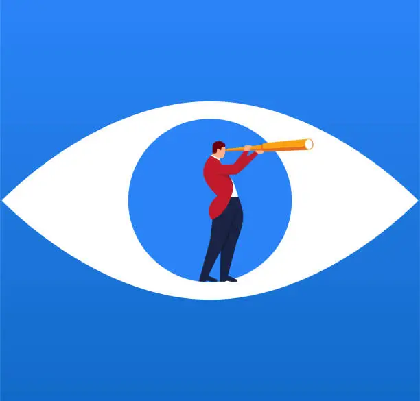 Vector illustration of Businessman holding a telescope standing inside the eyes looking into the distance