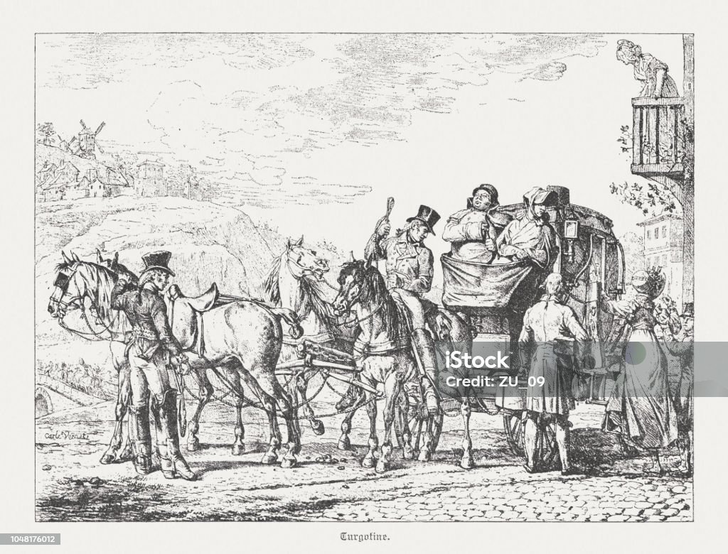 Turgotine, French Stagecoach, end of 18th century, woodcut, published 1885 In France, between 1765 and 1780, the turgotines, big mail coaches named for their originator, Louis XVI's economist minister Turgot, and improved roads, where a coach could travel at full gallop across levels, combined with more staging posts at shorter intervals, cut the time required to travel across the country sometimes by half. Wood engraving after a contemporary original by Carle Vernet (French painter, 1758 - 1836), published in 1885. 18th Century stock illustration
