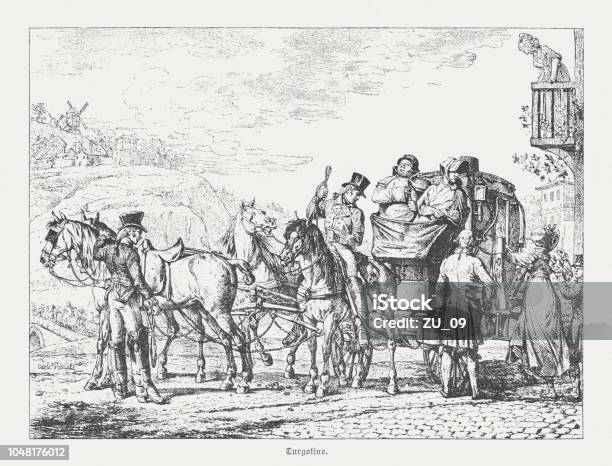 Turgotine French Stagecoach End Of 18th Century Woodcut Published 1885 Stock Illustration - Download Image Now