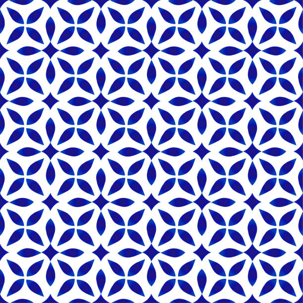 синий и белый узор бесшовные - tiles pattern stock illustrations