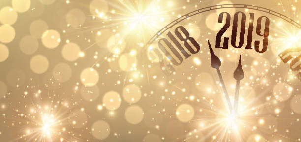 istock Gold shiny New Year 2019 poster with clock and fireworks. 1048177938