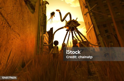 istock Children's looking to a giant mech 1048179604