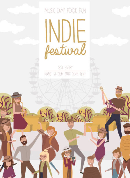 Indie festival poster with people walking, buying meals, taking photo, talking to each other, fun and dance, watch the performance, cartoon flat design Indie festival poster with people walking, buying meals, taking photo, talking to each other, fun and dance, watch the performance, cartoon flat design. Editable vector illustration block party stock illustrations