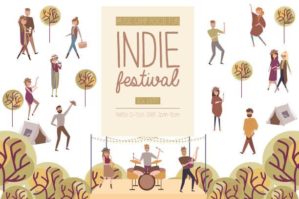 Indie festival poster with people walking, buying meals, taking photo, talking to each other, fun and dance, watch the performance, cartoon flat design Indie festival poster with people walking, buying meals, taking photo, talking to each other, fun and dance, watch the performance, cartoon flat design. Editable vector illustration block party stock illustrations