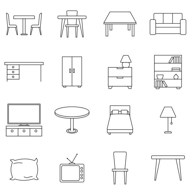 簡単な一組の家具関連するベクトル線アイコン。ソファ、テーブル、フロアライトなどのアイコンが含まれています。シンプルなベクター イラストです。 - テーブル点のイラスト素材／クリップアート素材／マンガ素材／アイコン素材